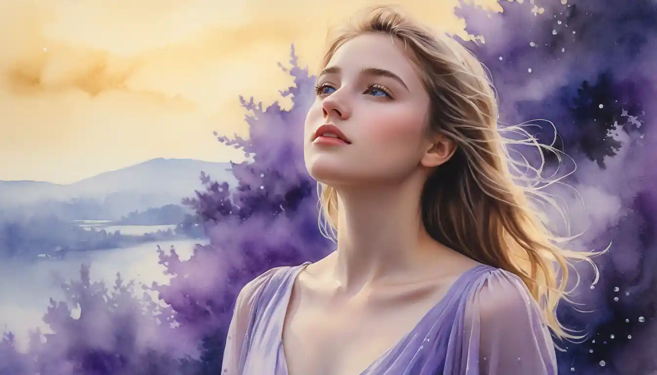 Watercolor girl in lavender dress under sparkling glass rain
