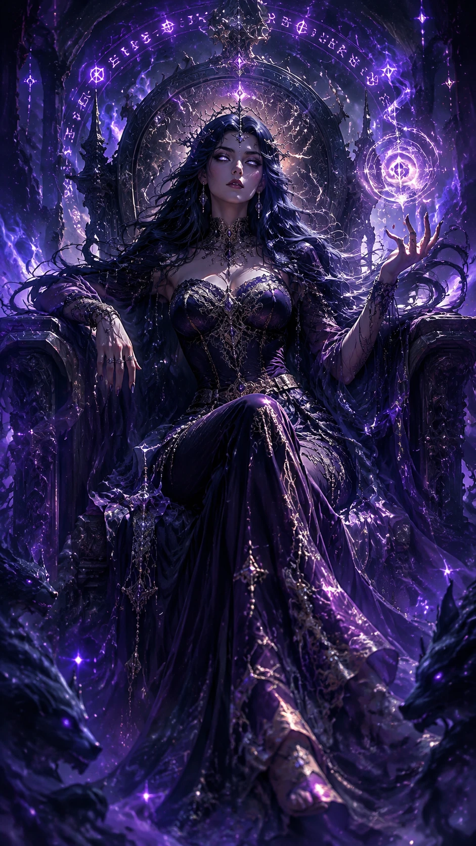 符文環繞黑曜石王座的神祕暗影女帝
