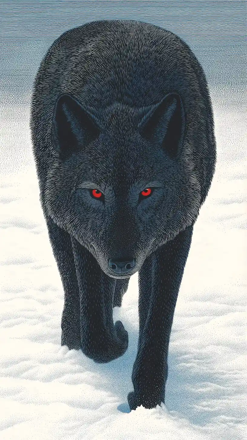 Black wolf with red eyes walking across winter snow