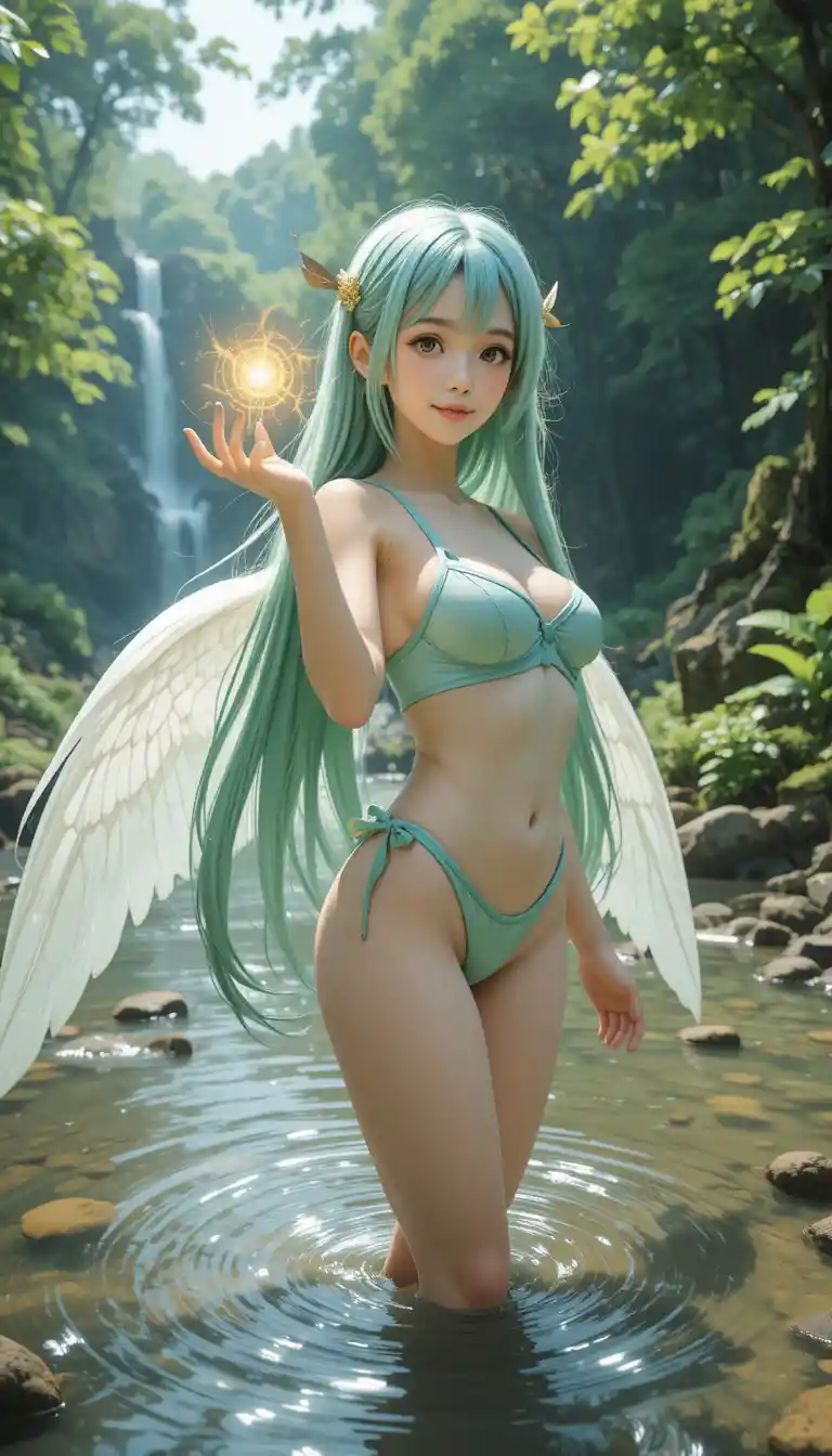 Anime winged girl smiling gently in a forest stream
