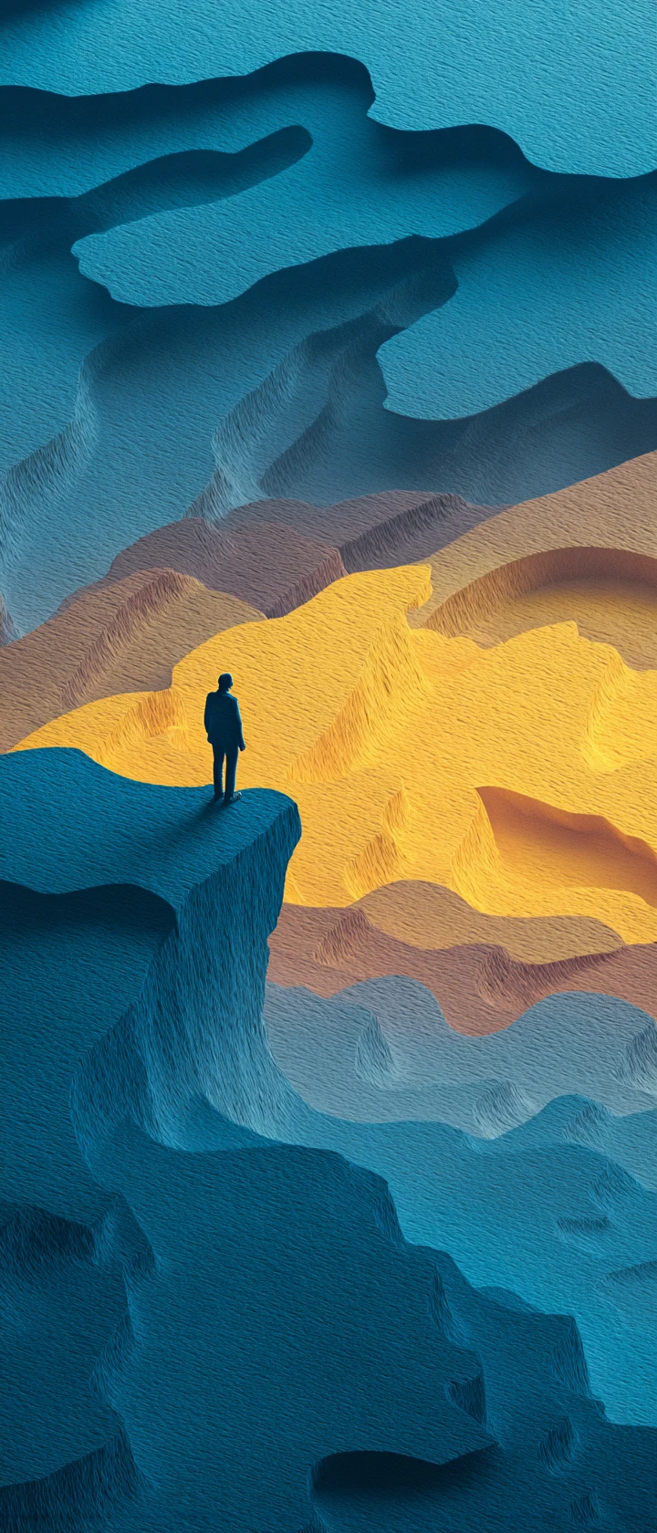 Layered paper silhouette on cliff above misty coastline