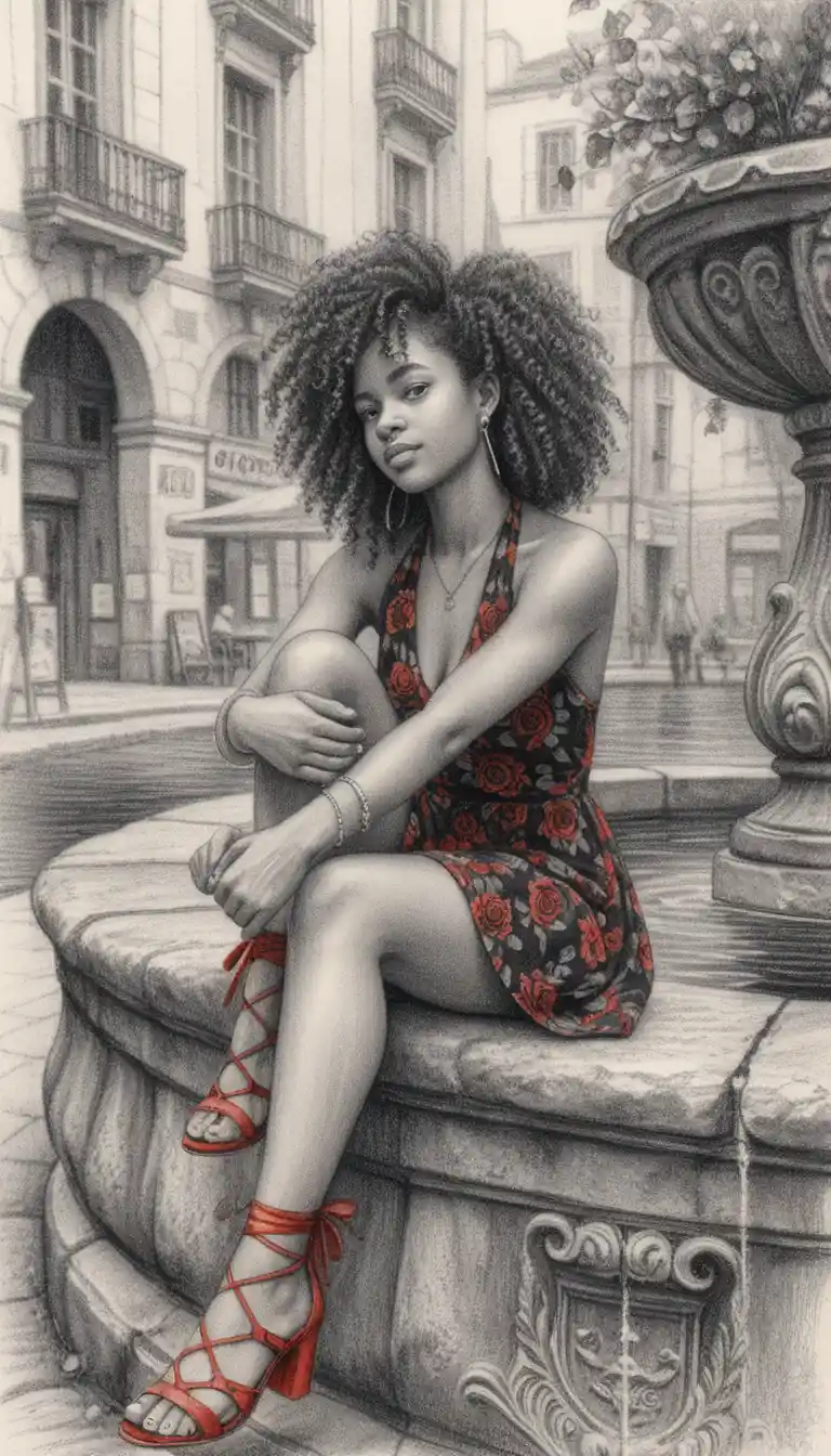 Confident black woman by stone fountain in city square