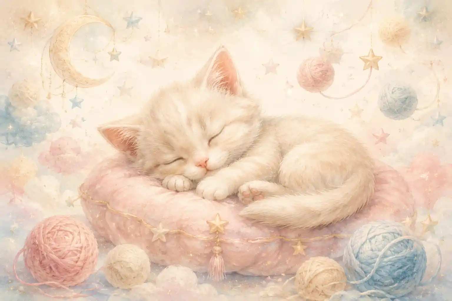 Sleeping cream kitten on pastel nursery cushion illustration