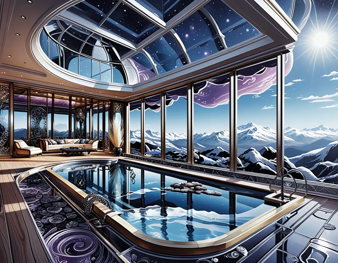 Luxury penthouse infinity pool over rocky mountain landscape