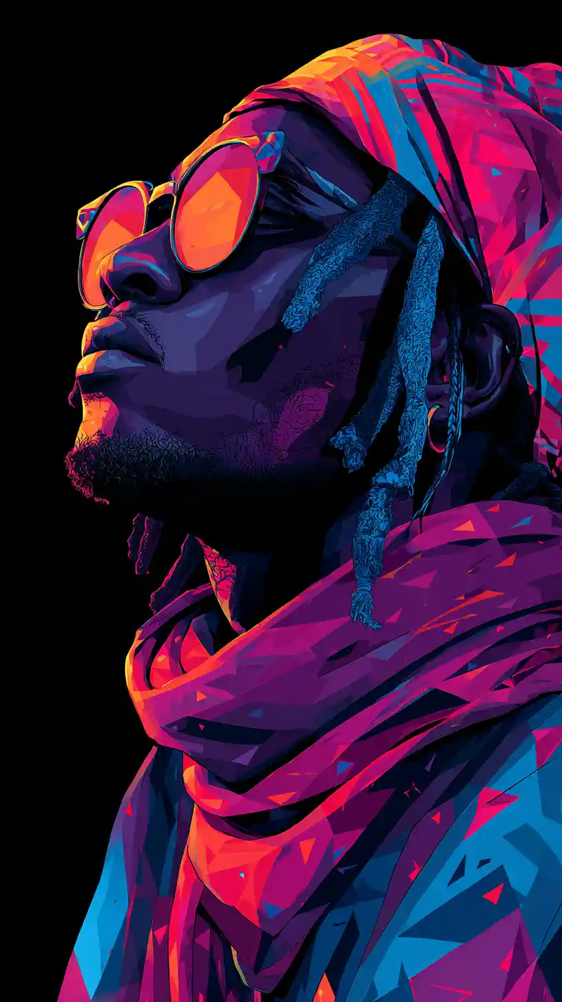 Neon profile portrait of a man in multicolored bandana