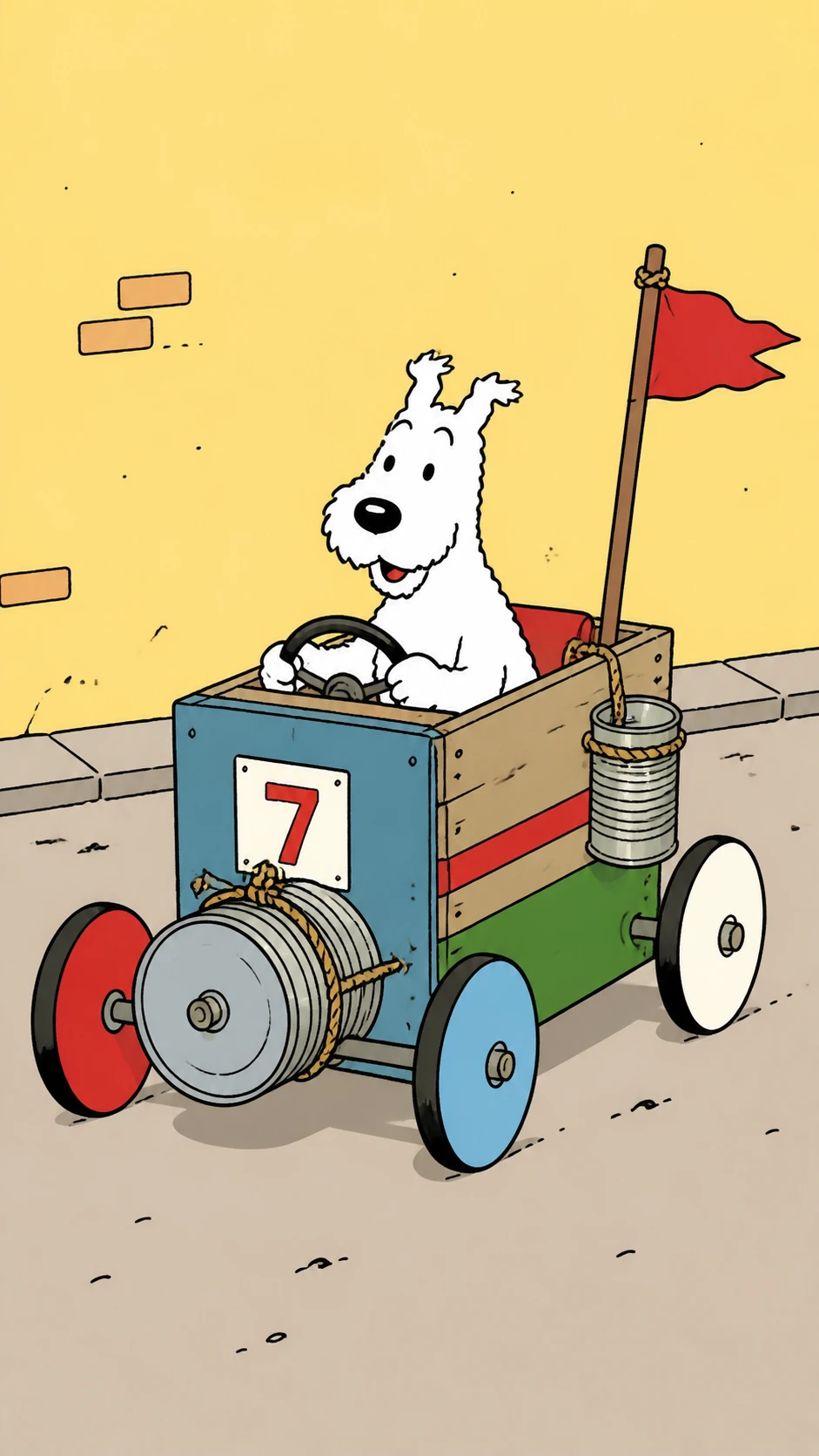 Perro blanco juguetón en un colorido coche de jabón casero dibujo