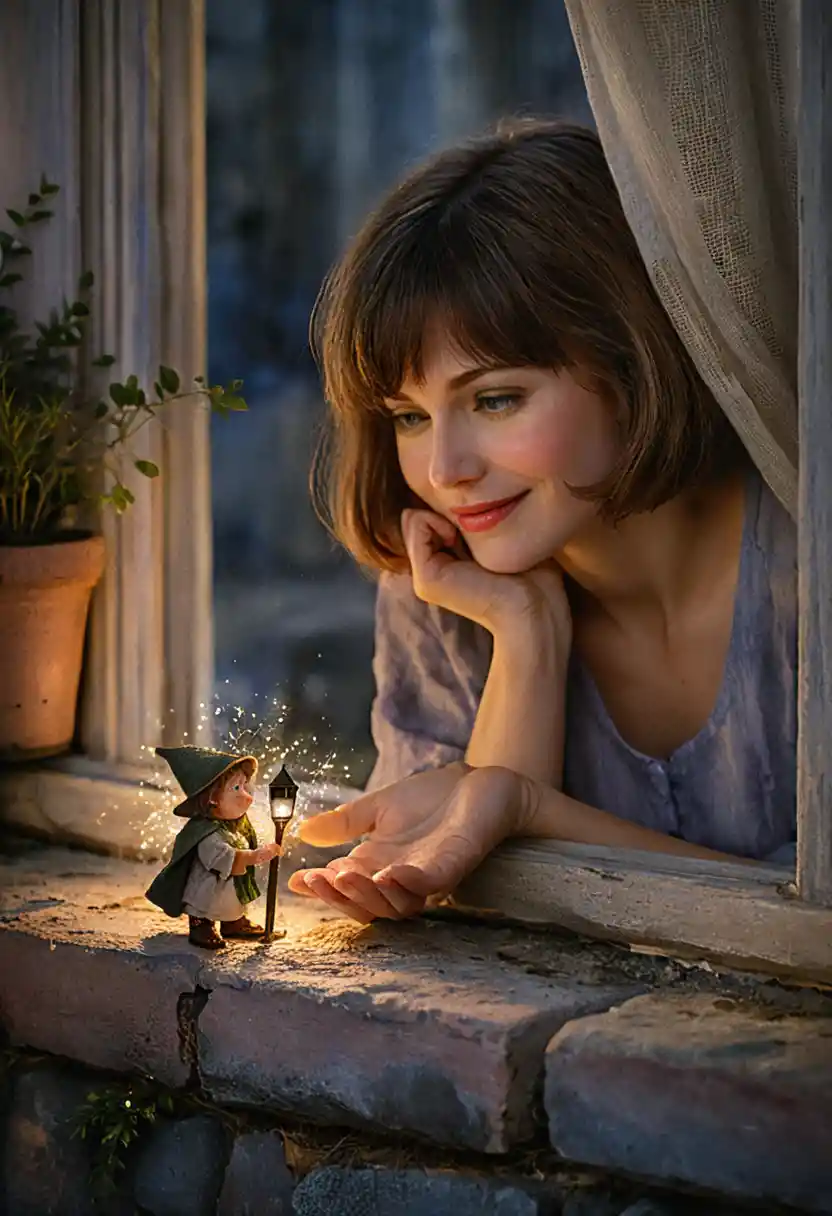 Girl at stone window watching tiny lantern gnome