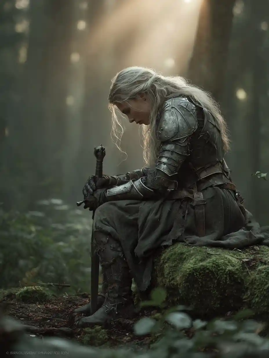 Weary medieval warrior resting in a misty forest