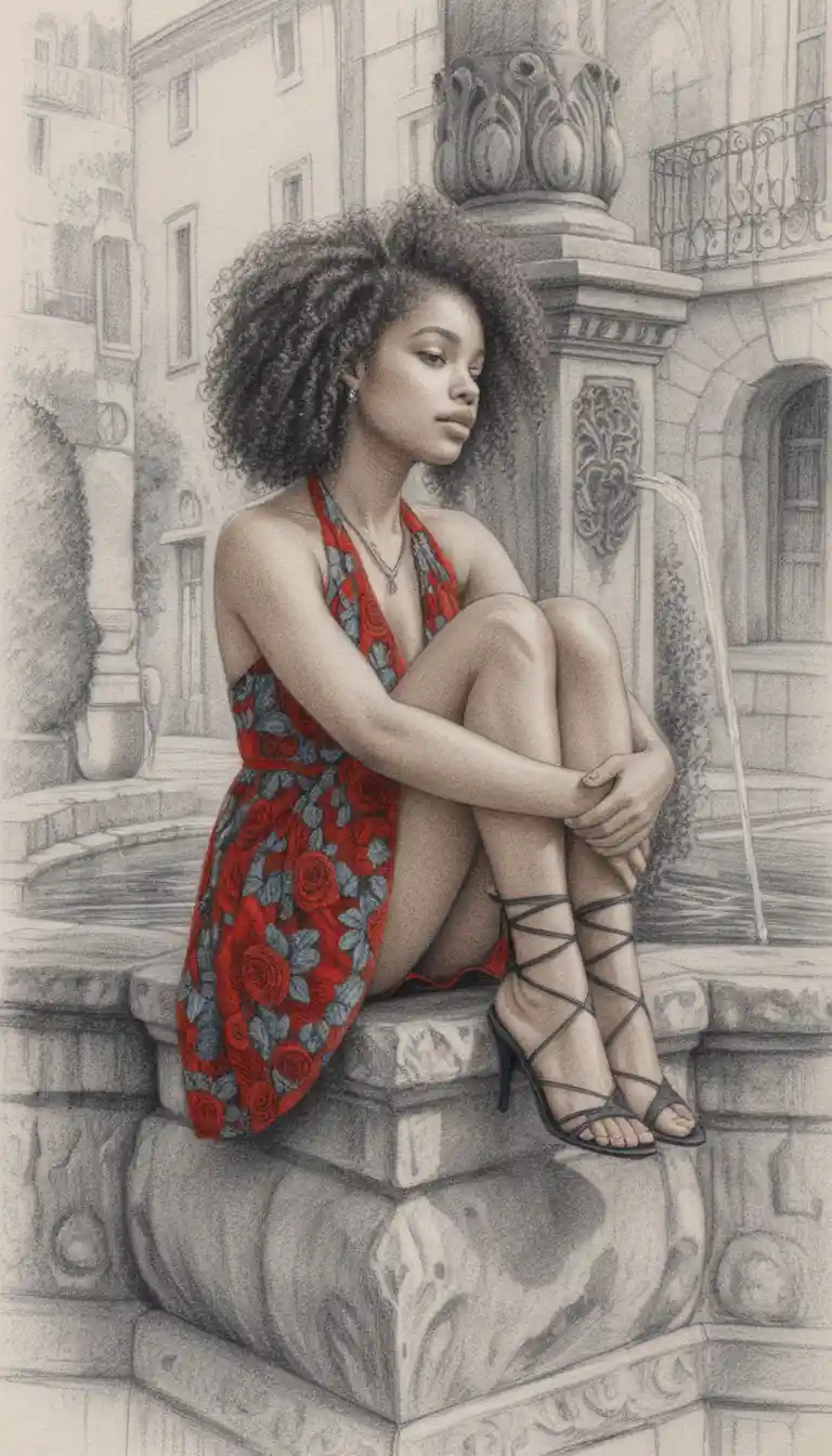 Young black woman on stone fountain in colored pencil