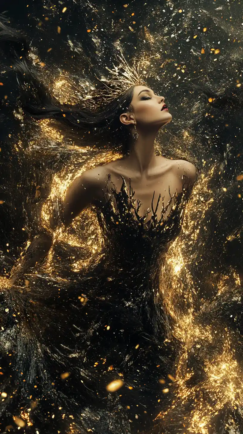 Dark fantasy queen in shattered glass and gold gown