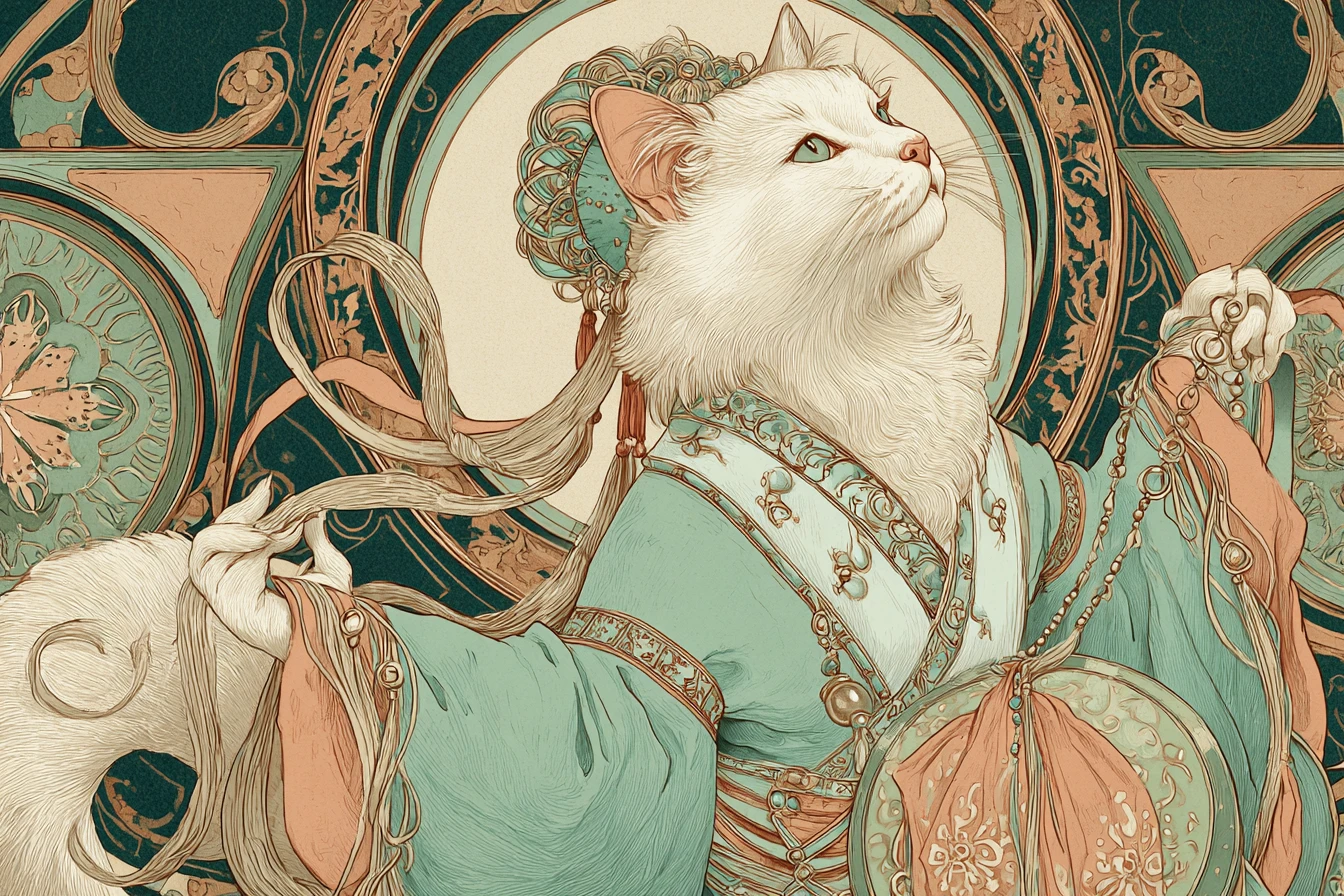 Art nouveau cat with tambourine in elegant robes