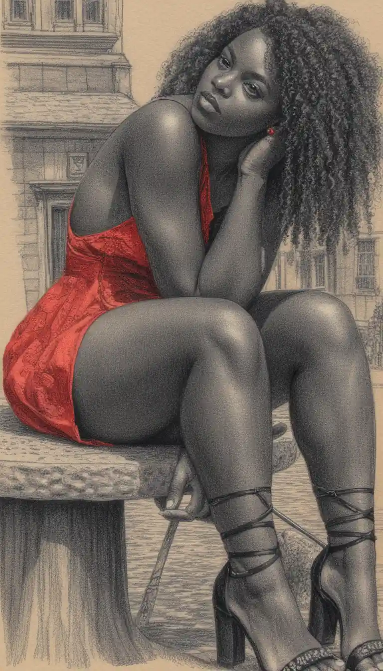 Mujer sensual junto a una fuente de piedra en ilustración a lápices de colores