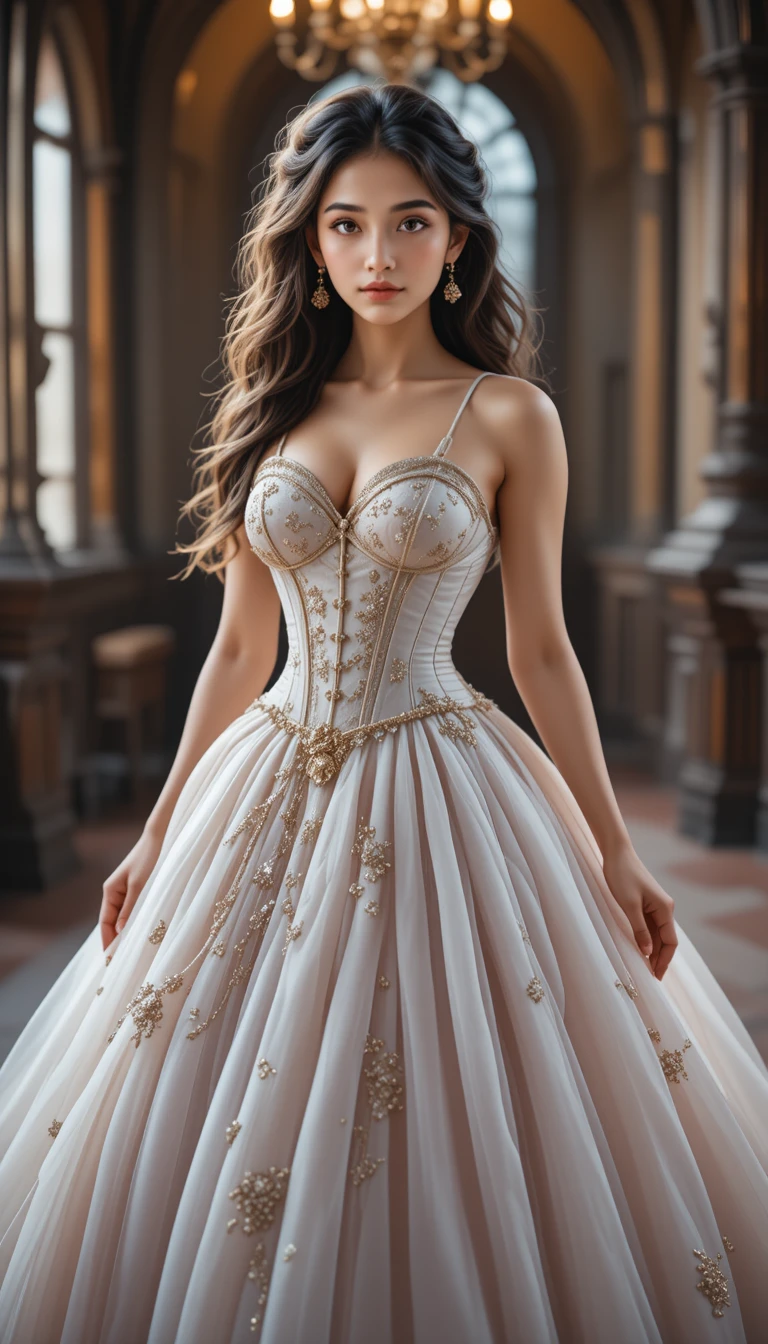 Elegant woman in corseted ball gown in gothic interior