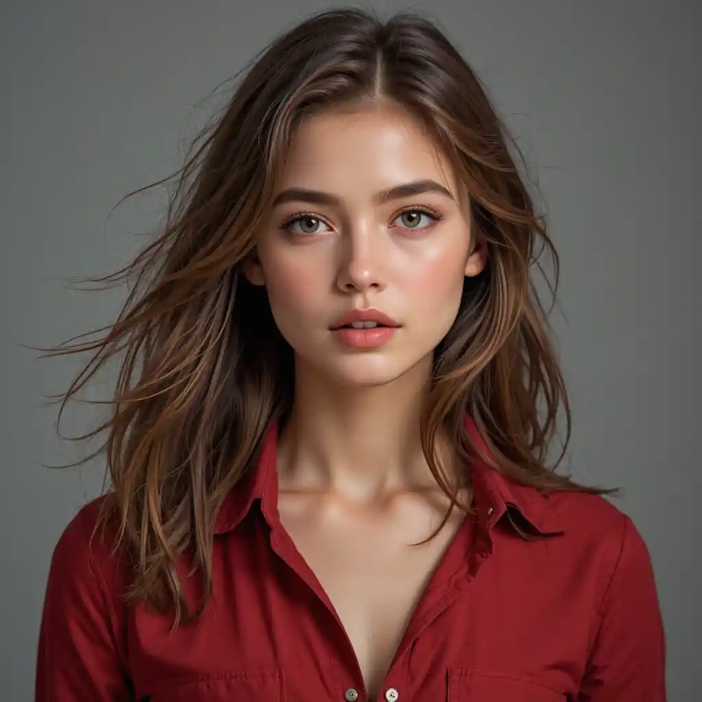 Young woman portrait with windswept hair and red shirt