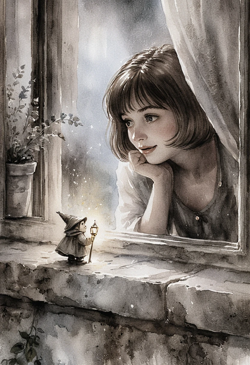 Girl watching a tiny gnome at an old stone window