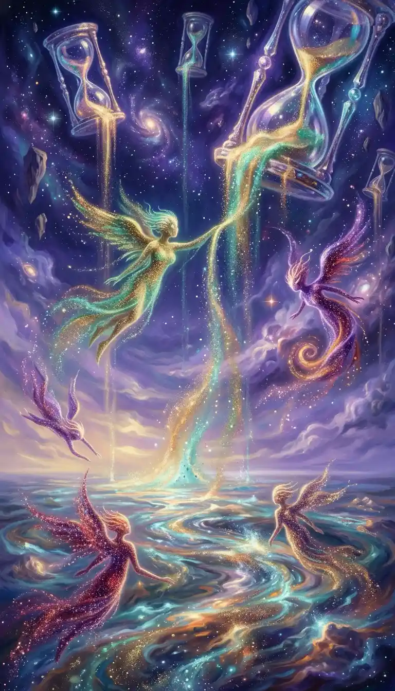 Surreal celestial hourglasses pouring sand into a cosmic sea