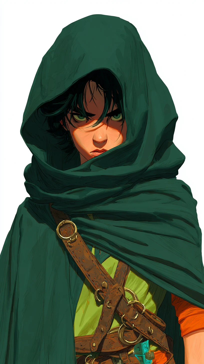 Hooded anime girl in emerald cloak with intense gaze