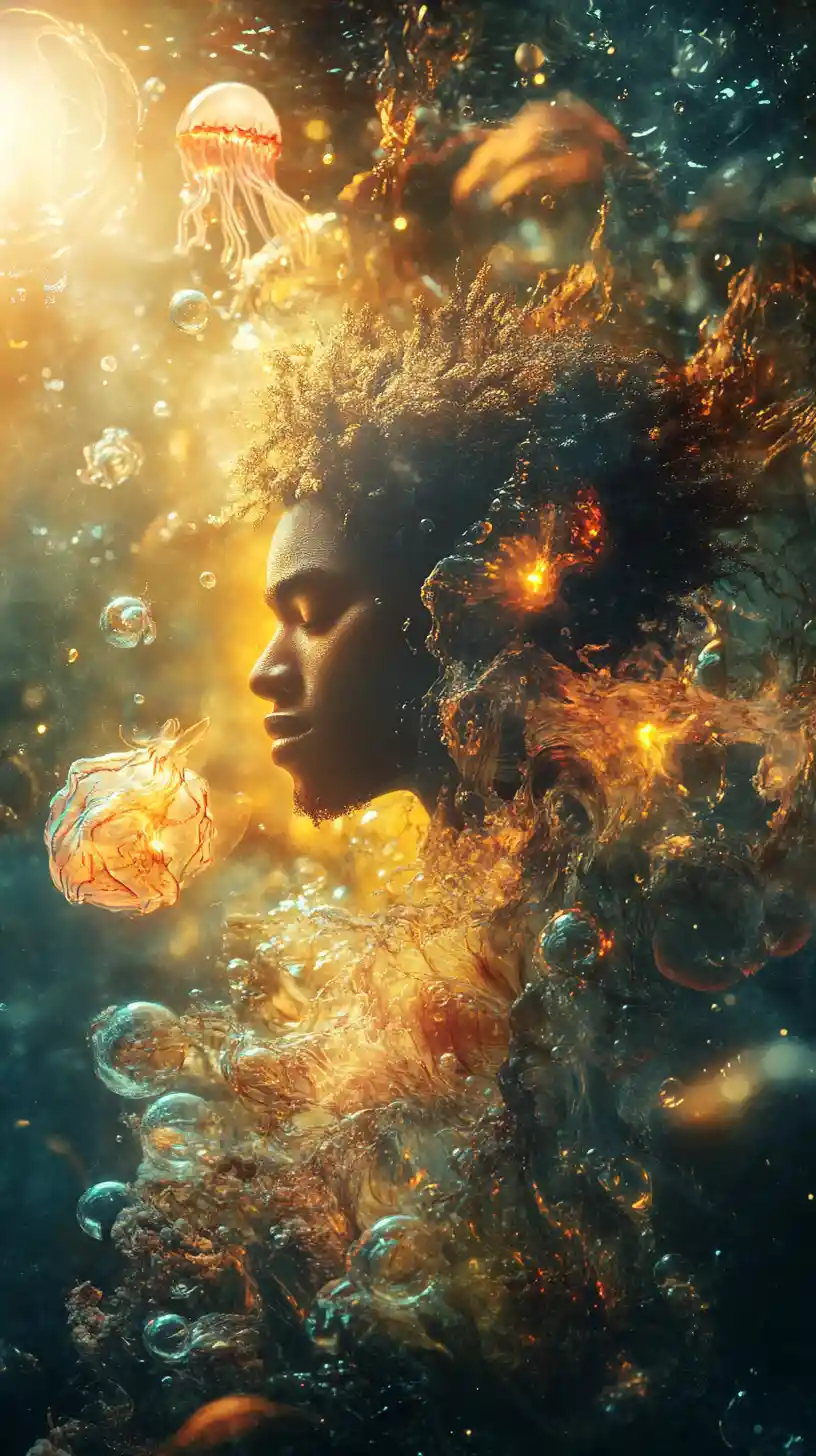 Afrofuturistic water deity rising from a glowing ocean