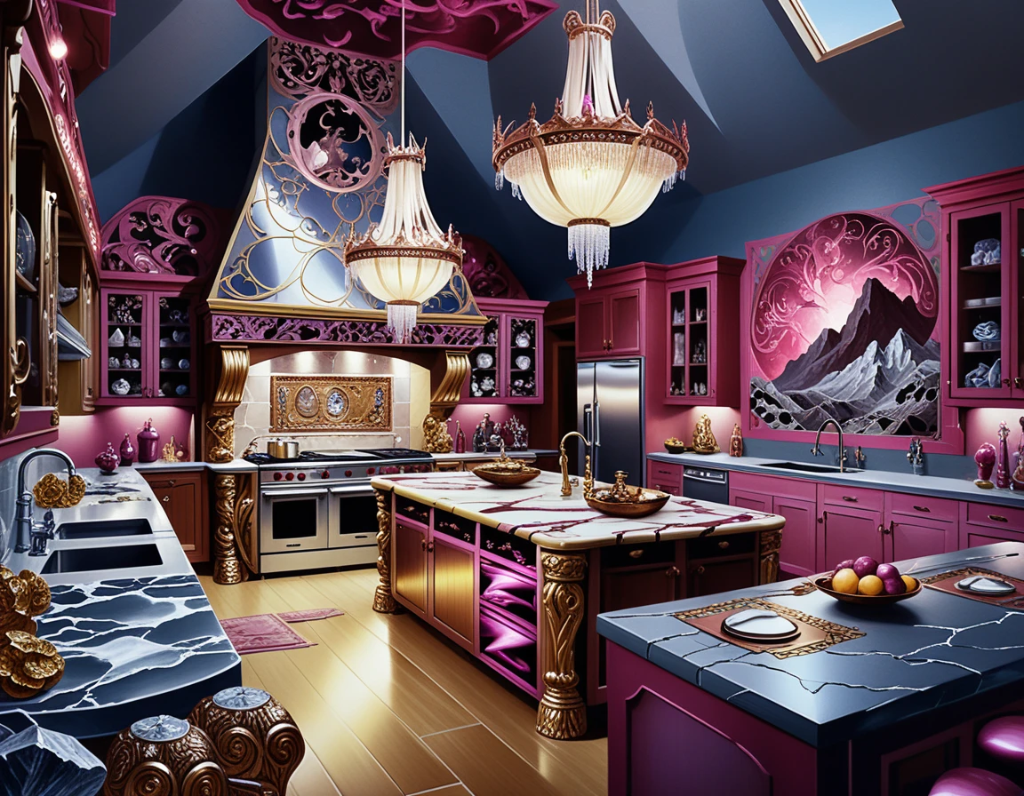 Mystical mountain kitchen with dark wood and stone