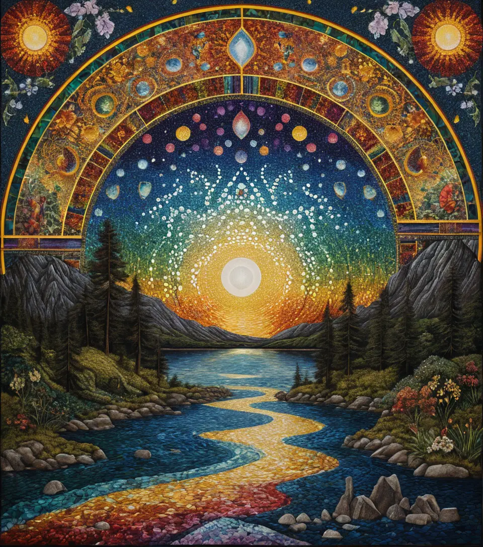 River god dissolving into ornate embroidered silk threads