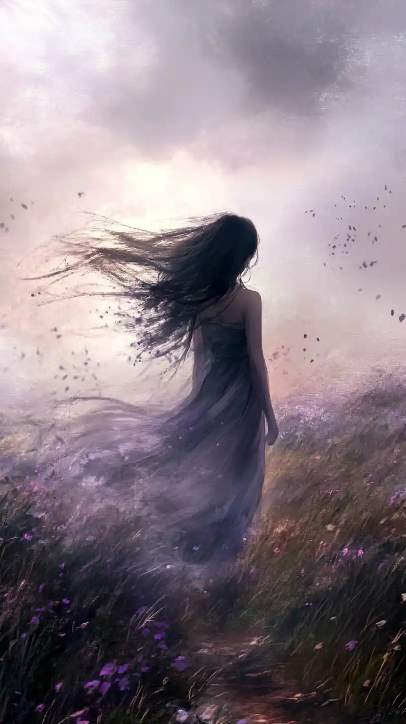 Girl in flowing dress walking through mystical violet landscape