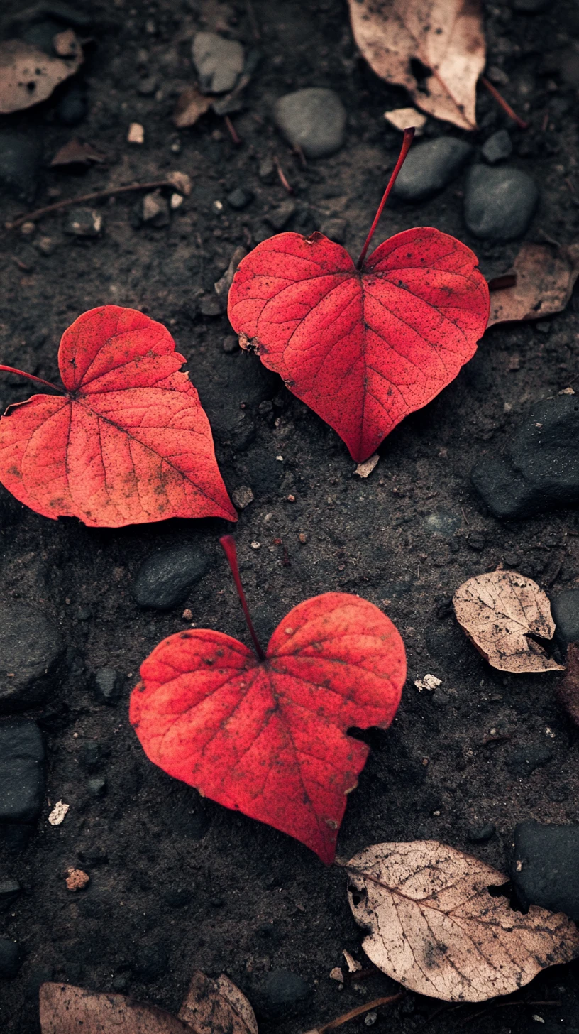 Tres hojas rojas de otoño que forman silenciosas formas de corazón