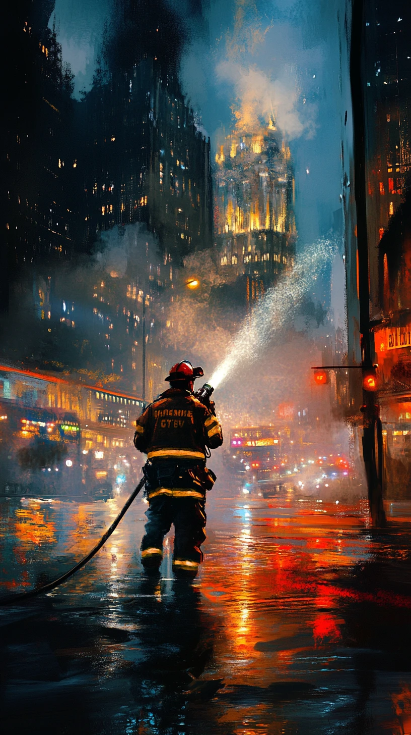 Firefighter spraying water on burning city street at night