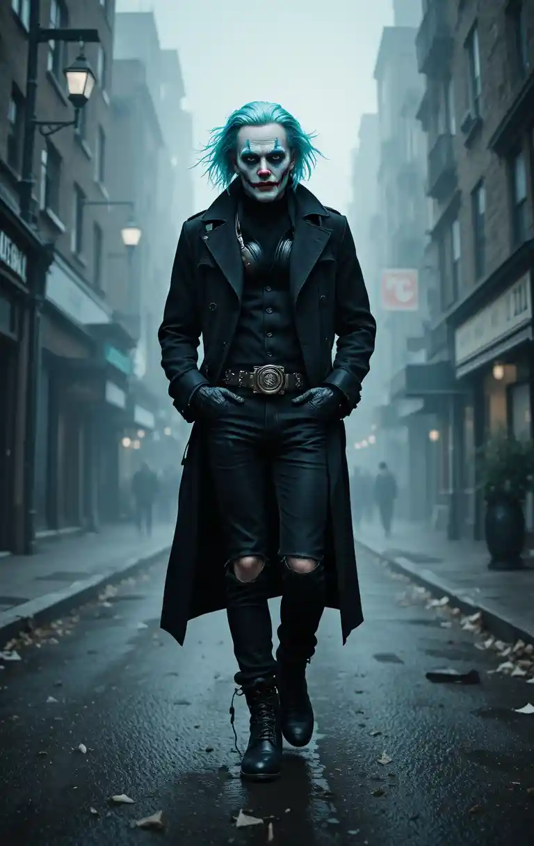 Blue haired man walking down dark foggy city street