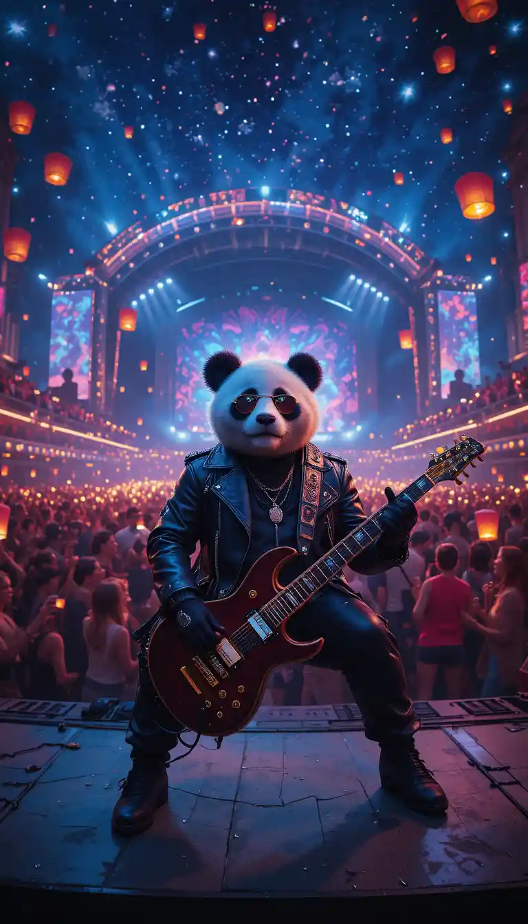 Surreal Night Music Festival With Panda Rockstar Drummer