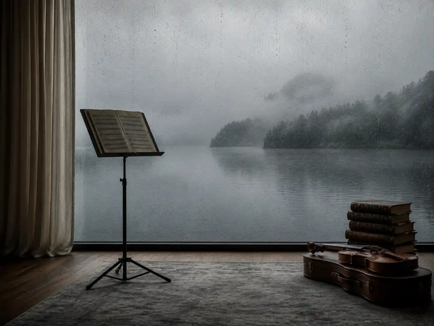 Minimalist room with violin by a misty lakeside window