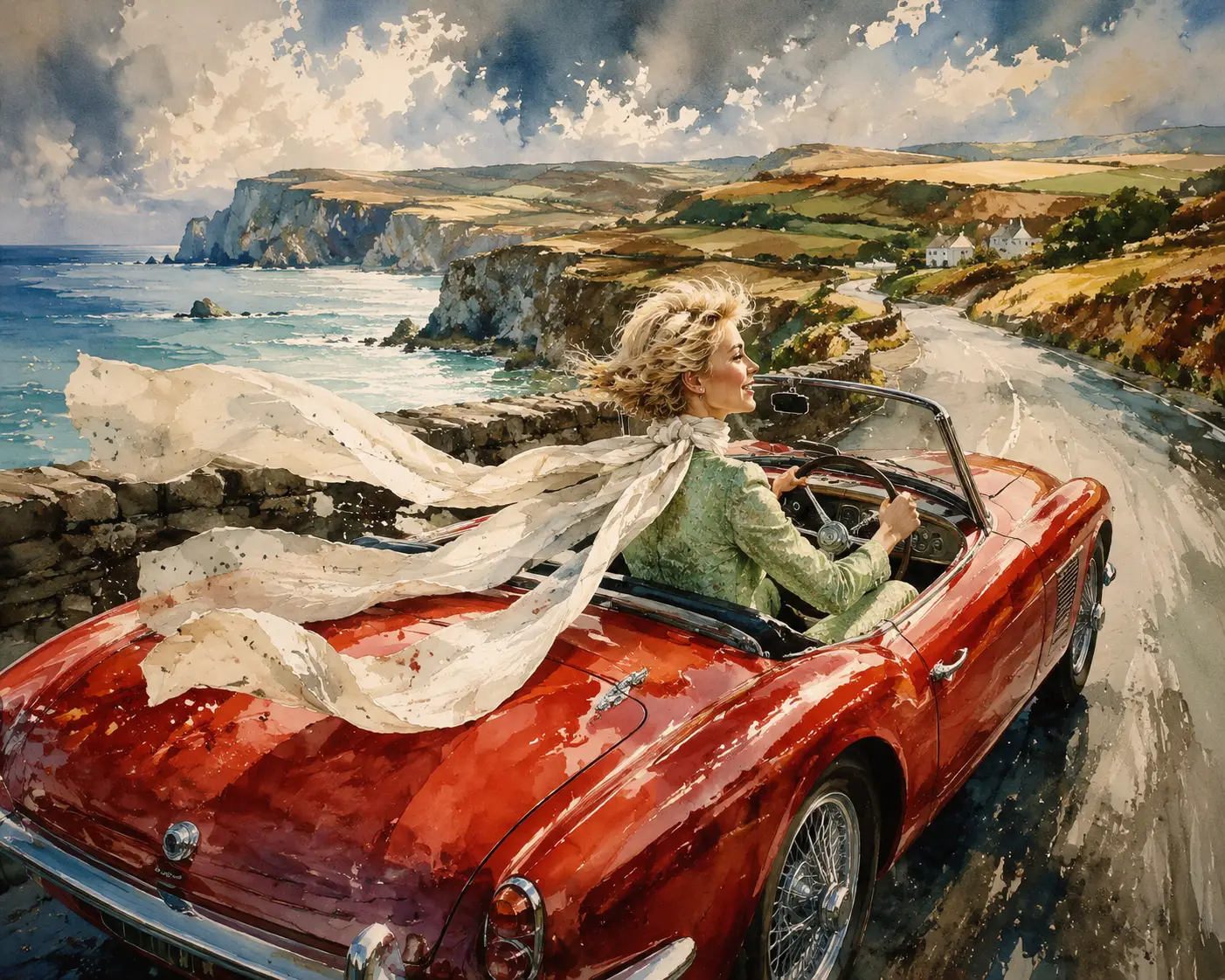 Smiling woman driving red convertible along coastal road