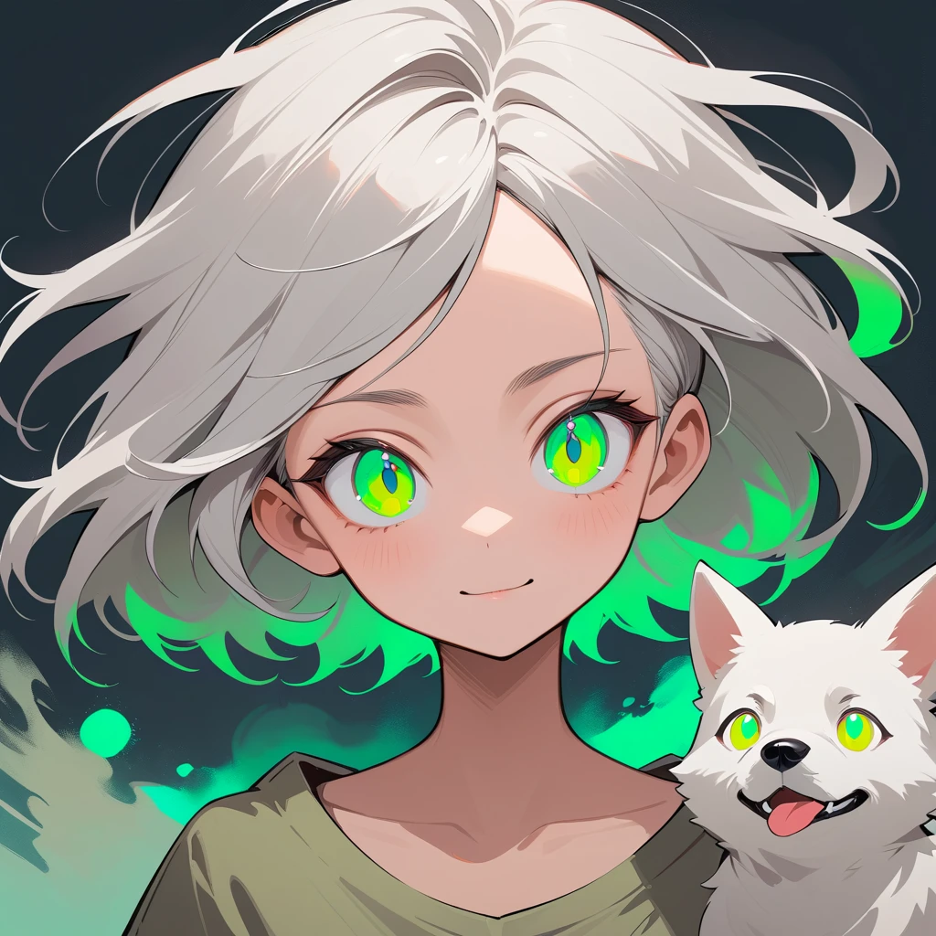 Surreal woman with silver hair and tall dog companion
