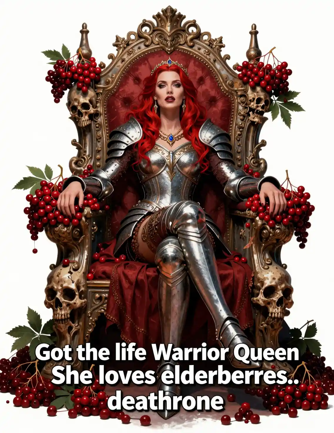 Warrior queen on surreal throne with cascading elderberries