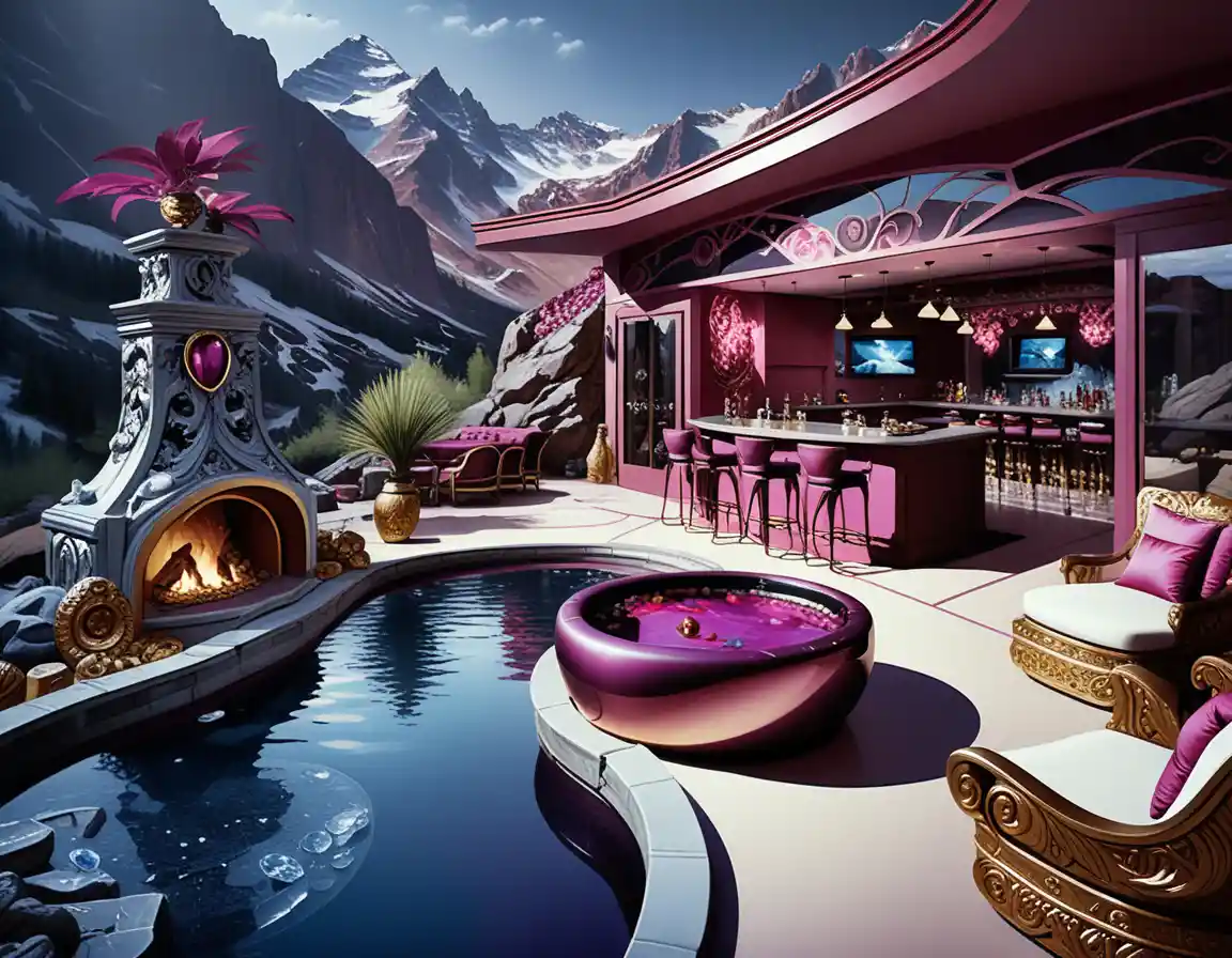 Mystical mountain lounge bar with indoor pool and crystals