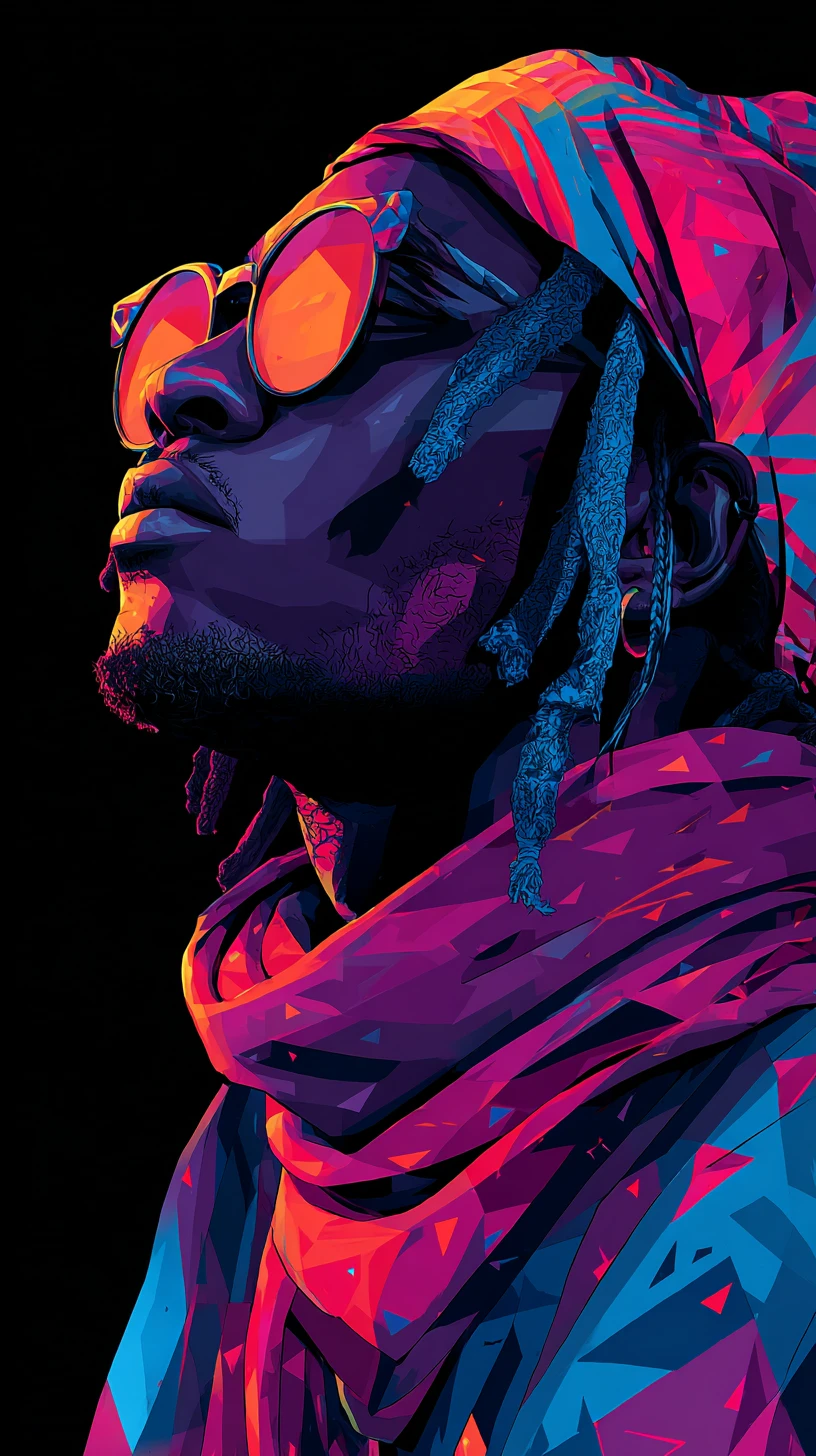 Neon profile portrait of a man in multicolored bandana