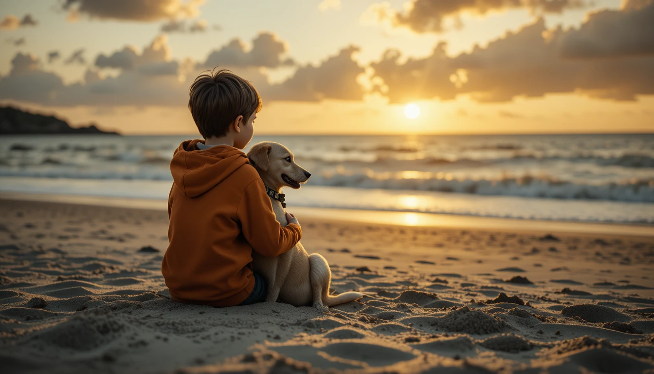 Boy hugging his dog on a sunset beach in selective color
