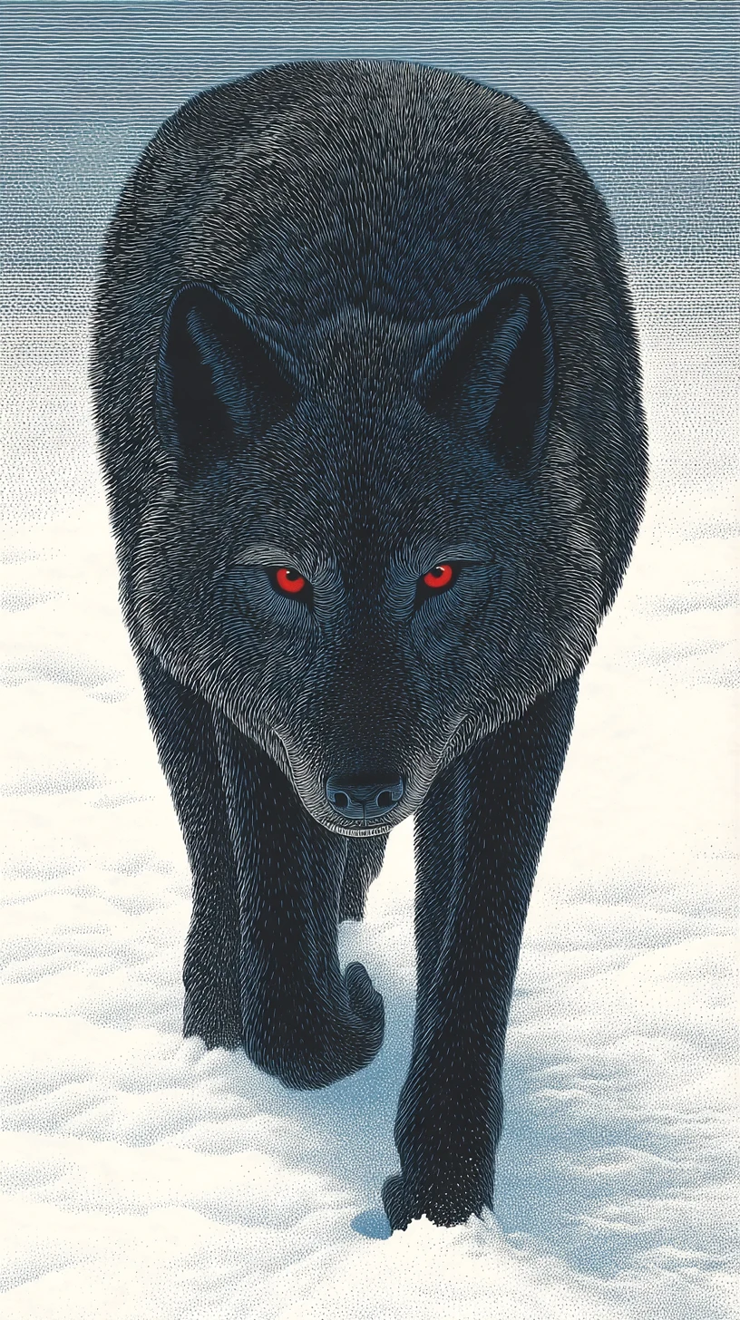 Black wolf with red eyes walking across winter snow