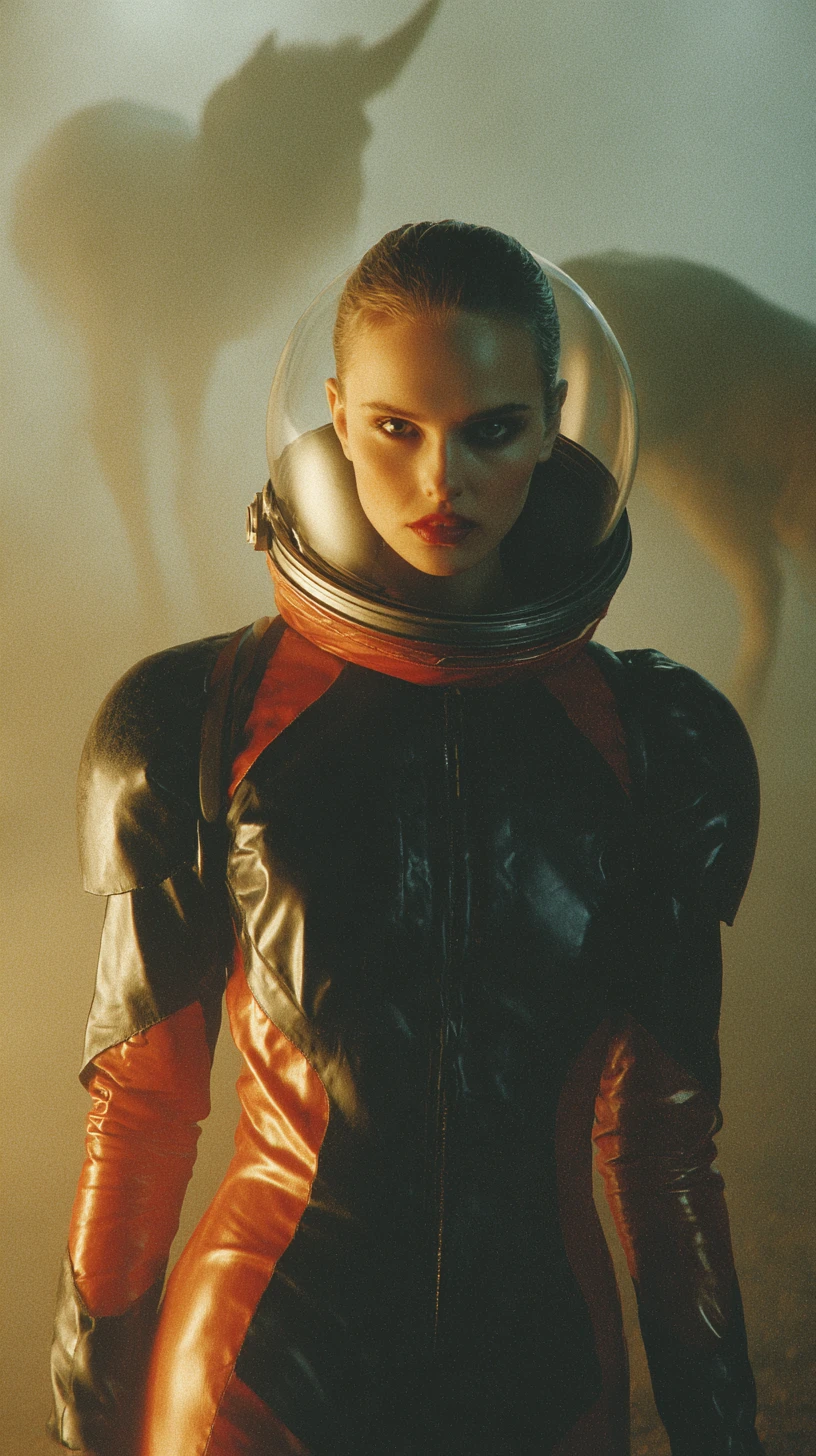 Female astronaut in black and red suit on alien world