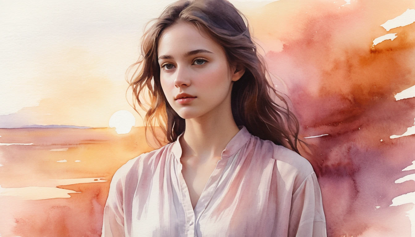 Watercolor girl amid glass gears in fading sunset light