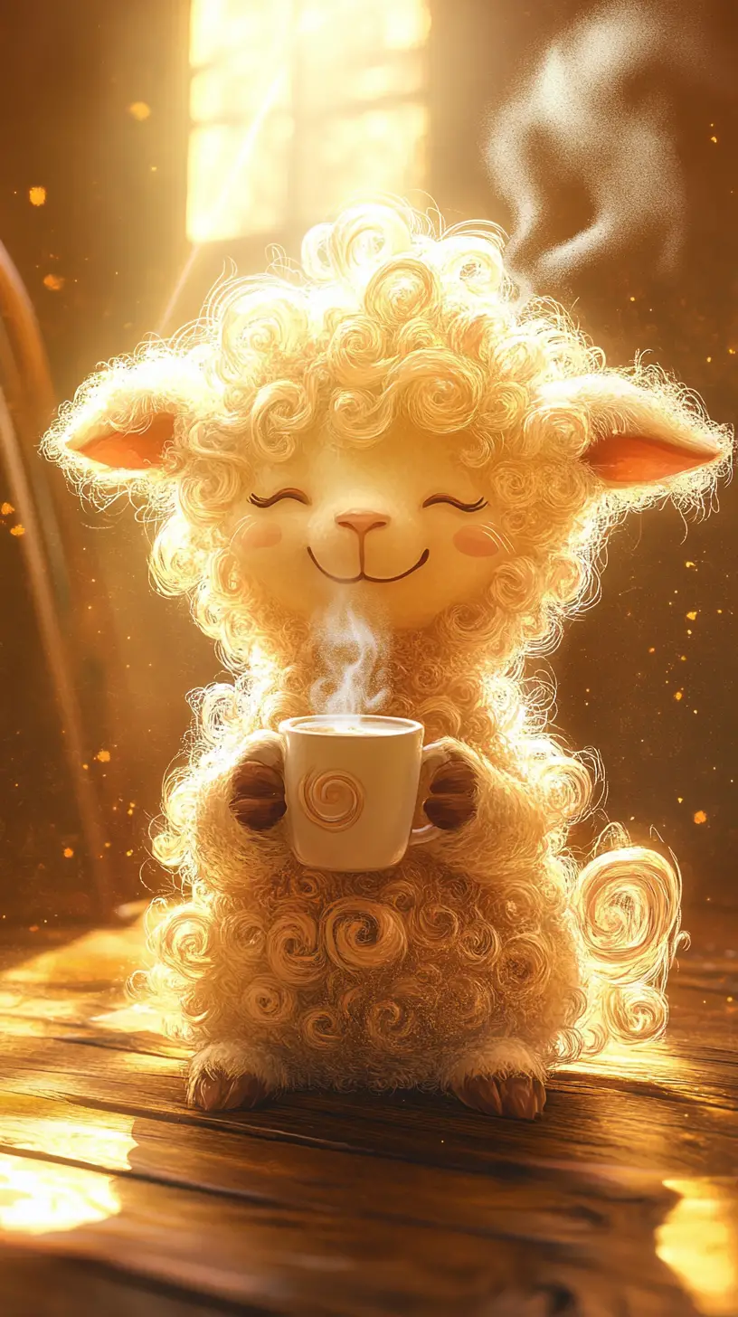 Cute fluffy lamb with mug in warm golden light