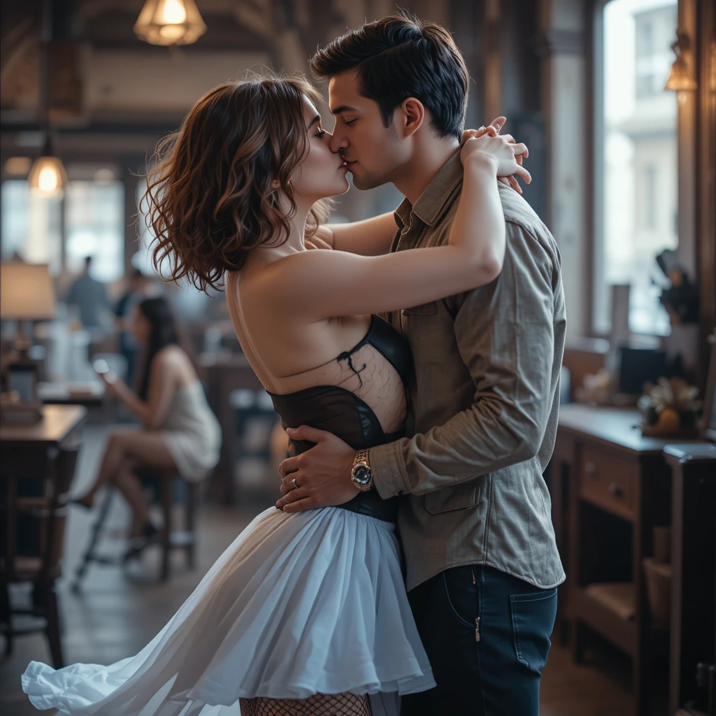 Woman in skirt and heels kissing her partner closely