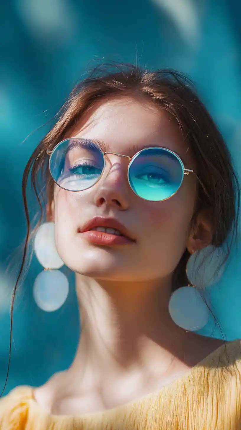 Turquoise haired girl with round sunglasses and floral details