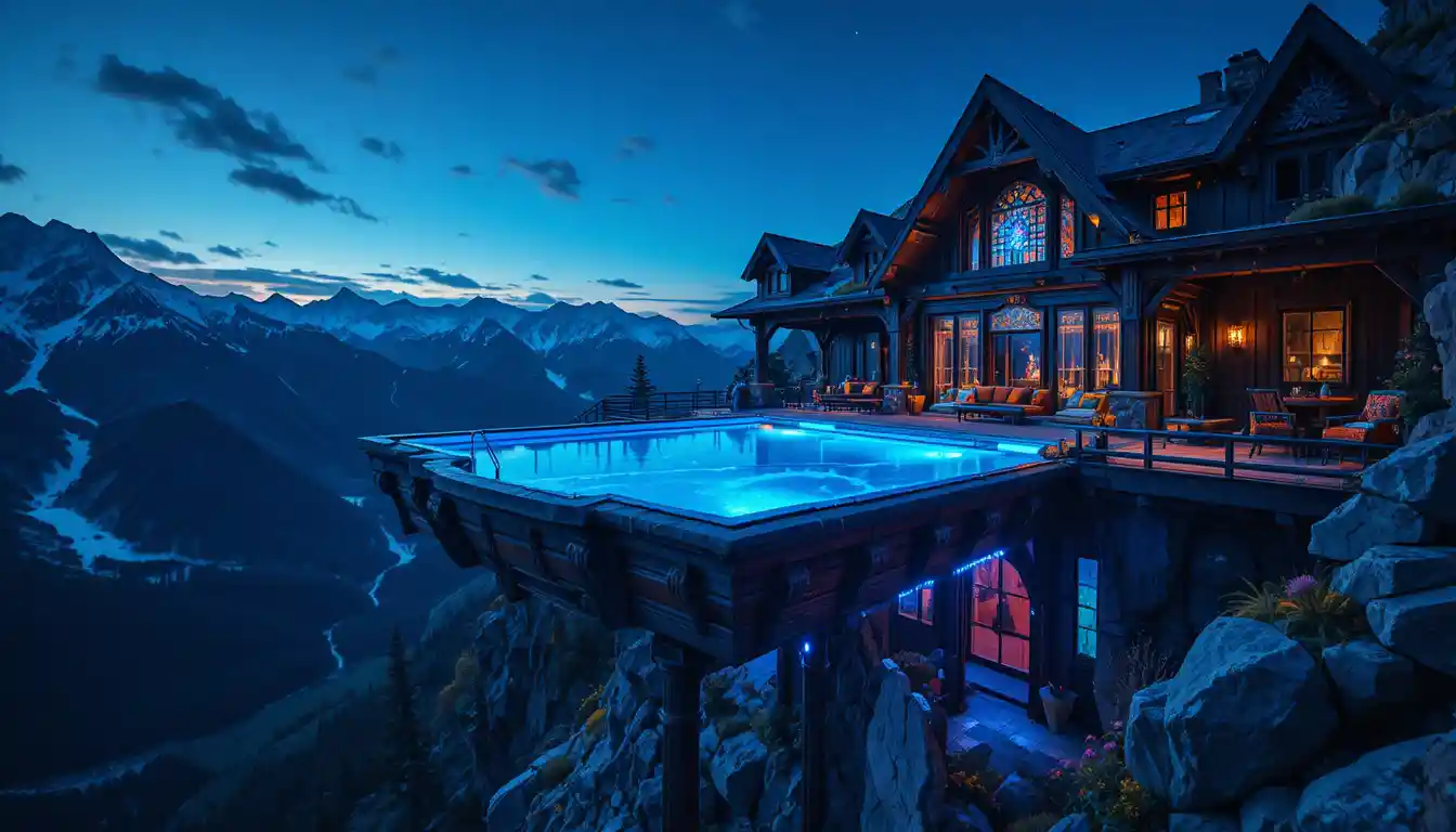 Luxury mountain estate with sky pool above rocky peaks
