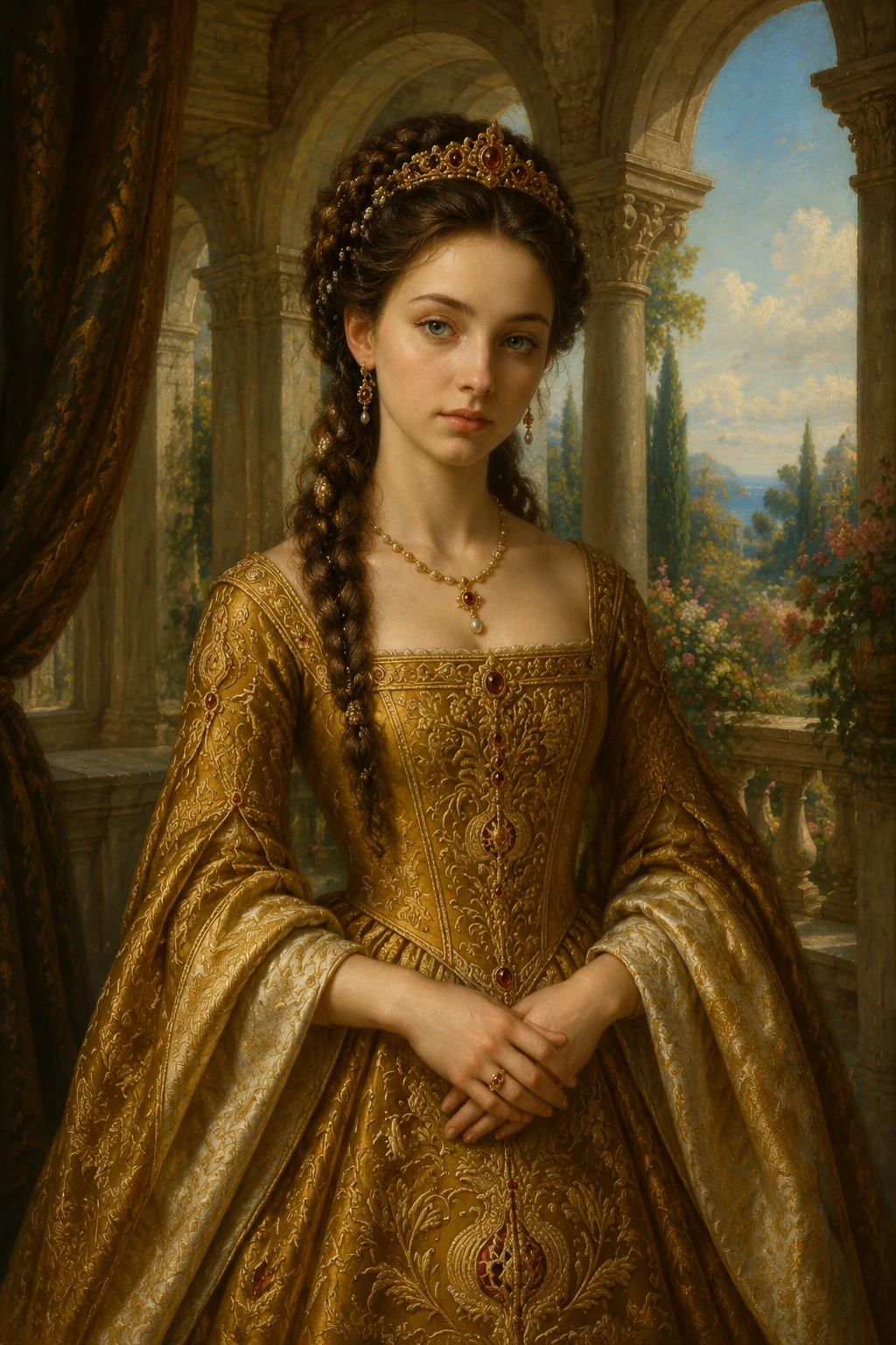 Renaissance portrait of a jeweled girl on a terrace