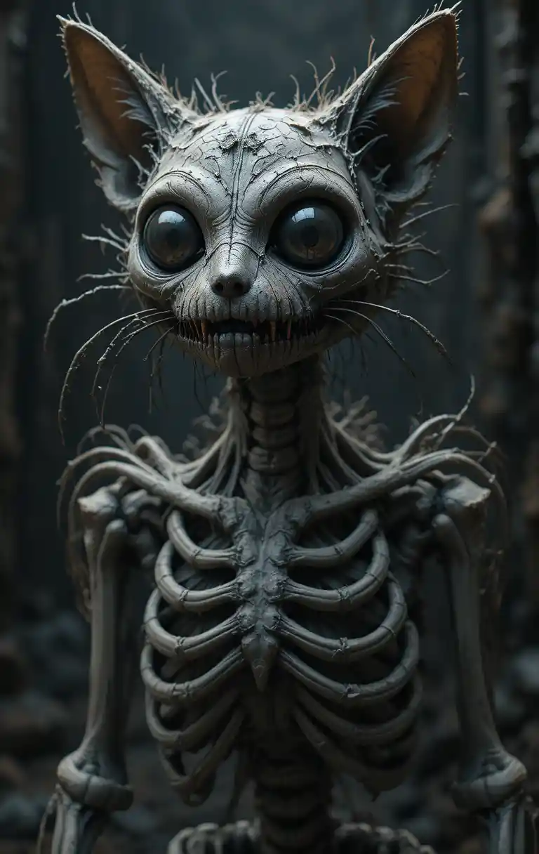 Creepy skeletal cat with huge ears in dark 3D scene