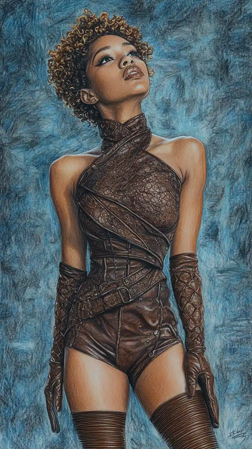 Confident young Black woman in brown leather mini dress