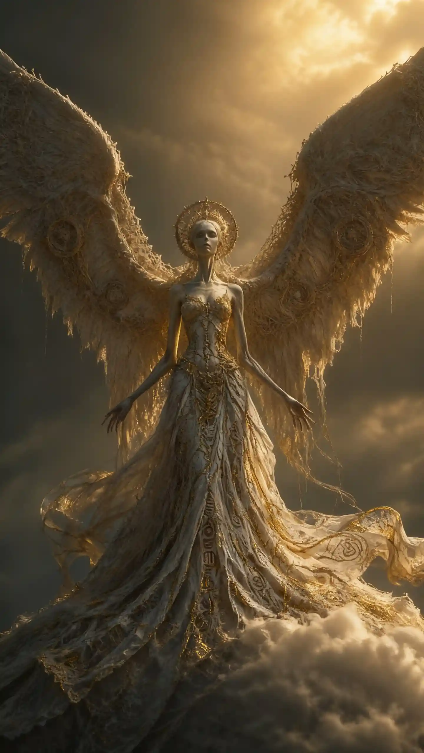 Surreal angelic woman standing on a vast white cloud