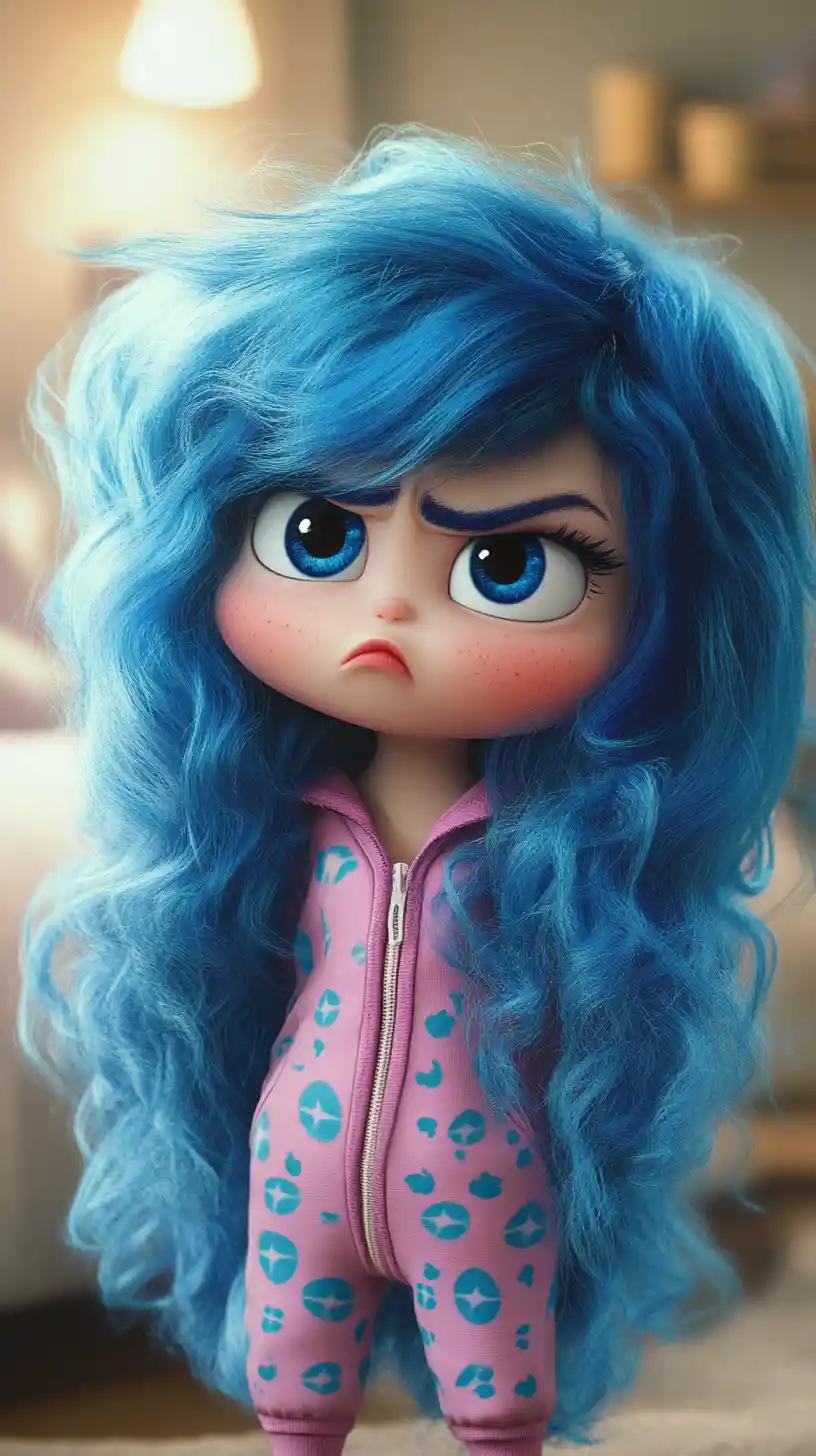 Grumpy Blue Haired Girl In Cozy Home Interior