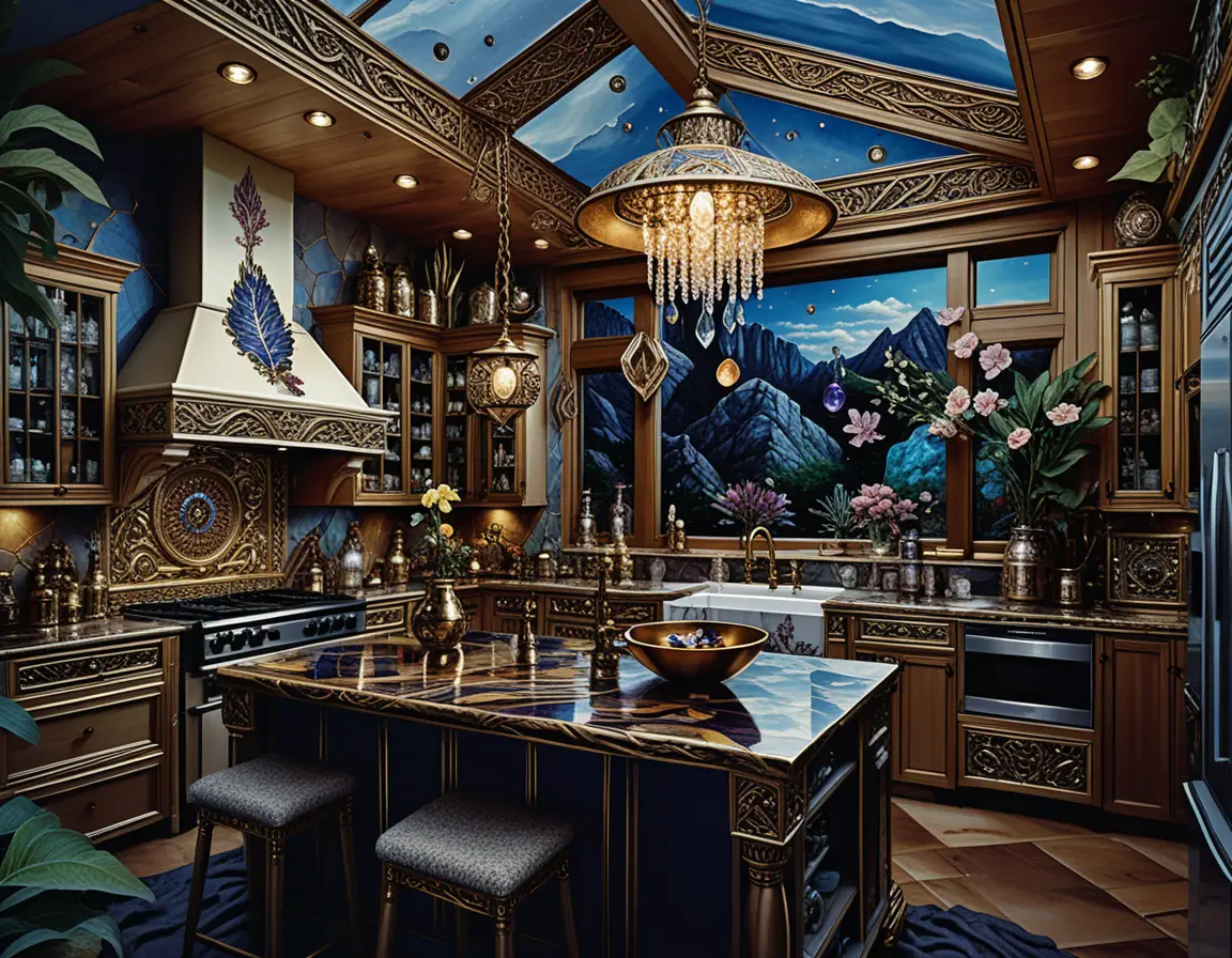 Colorful fantasy kitchen interior with dark wood and stone