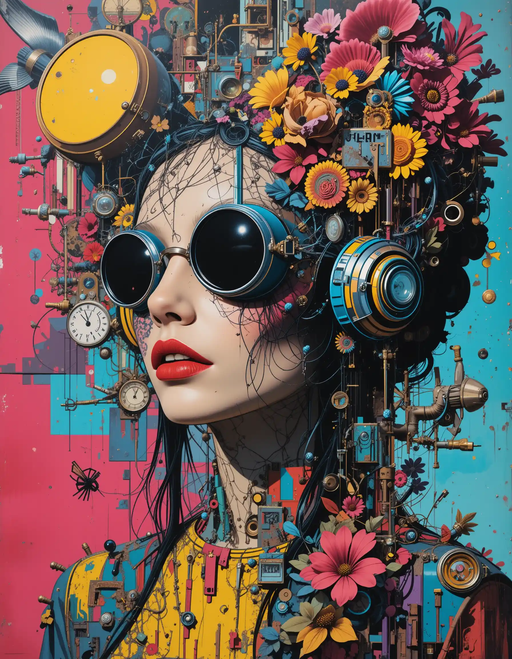 Chaotic sci fi mixed media collage with surreal pop elements